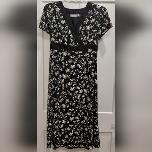 Croft & Barrow Sz 18 Black With Brown Floral Midi Dress Lined Ties Back